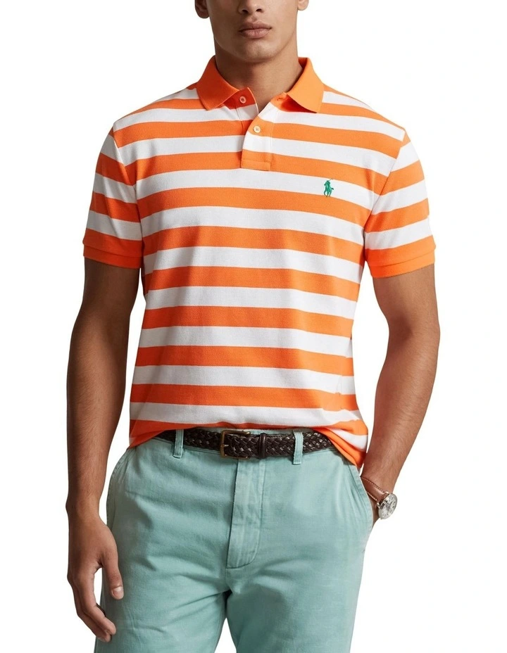 Custom Slim Fit Striped Mesh Polo Shirt in Orange