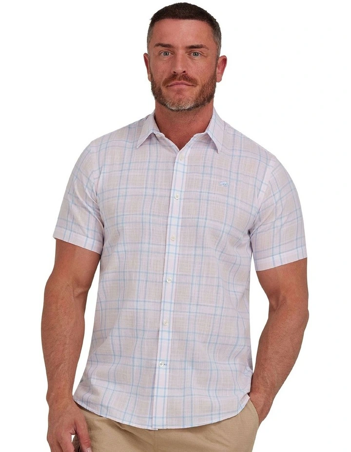 Plaid Check Linen Short Sleeve Shirt in Pink