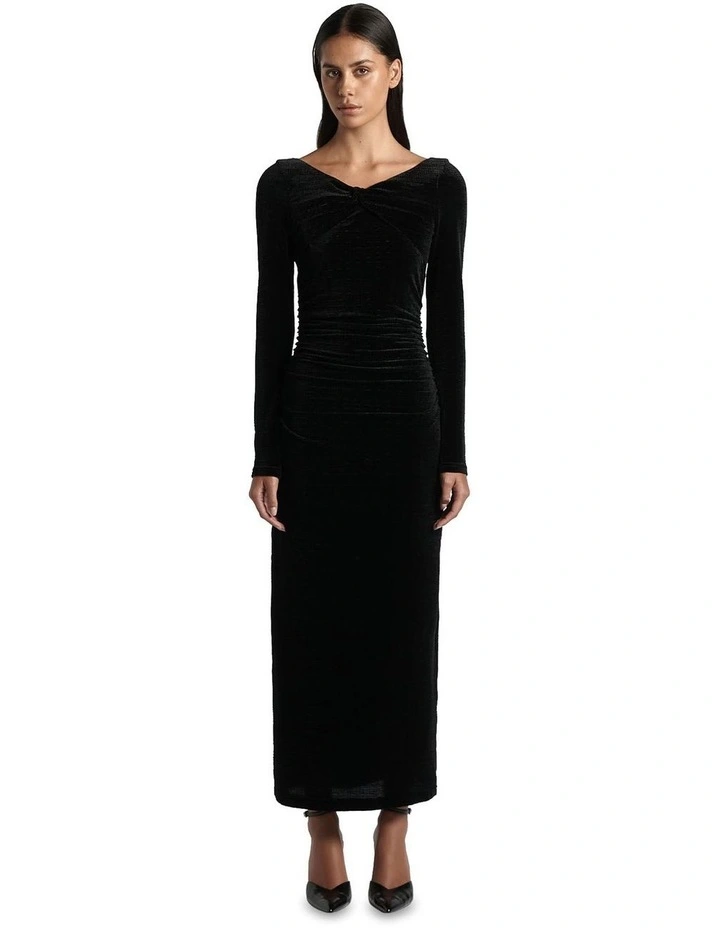 Twist Front Velvet Midi Dress in Black