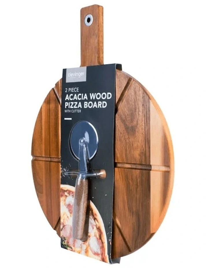 Acacia Wood Pizza Board with Cutter 2 Piece in Brown