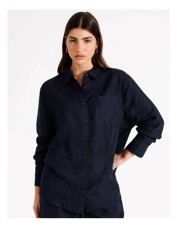 Long Sleeve Oversized Linen Shirt in Navy