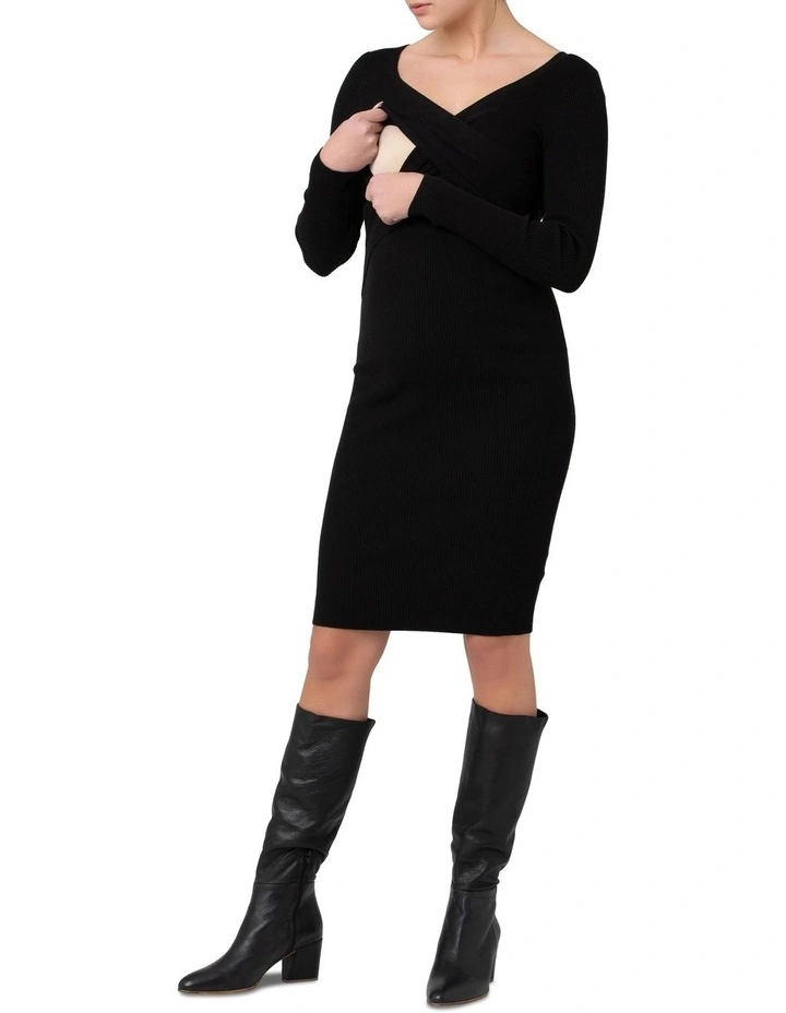 Sadie Rib Knit Nursing Dress in Black