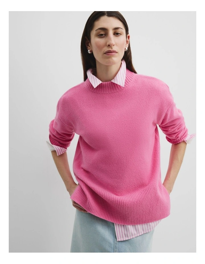 Australian Merino Wool Rib Detail Pullover in Pink Punch