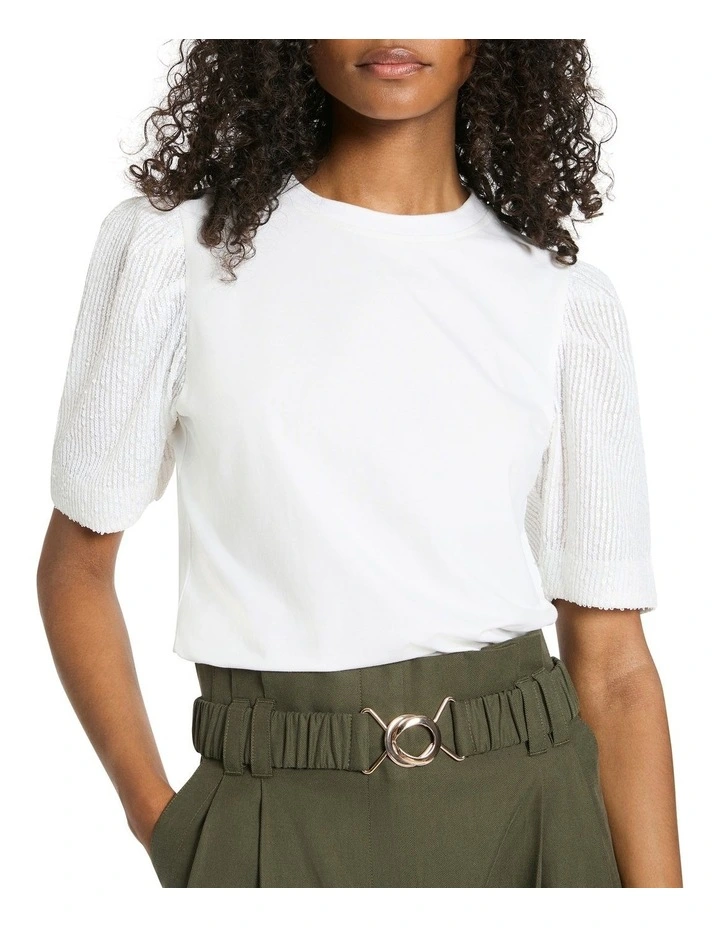 Sequin Sleeve Tee in White