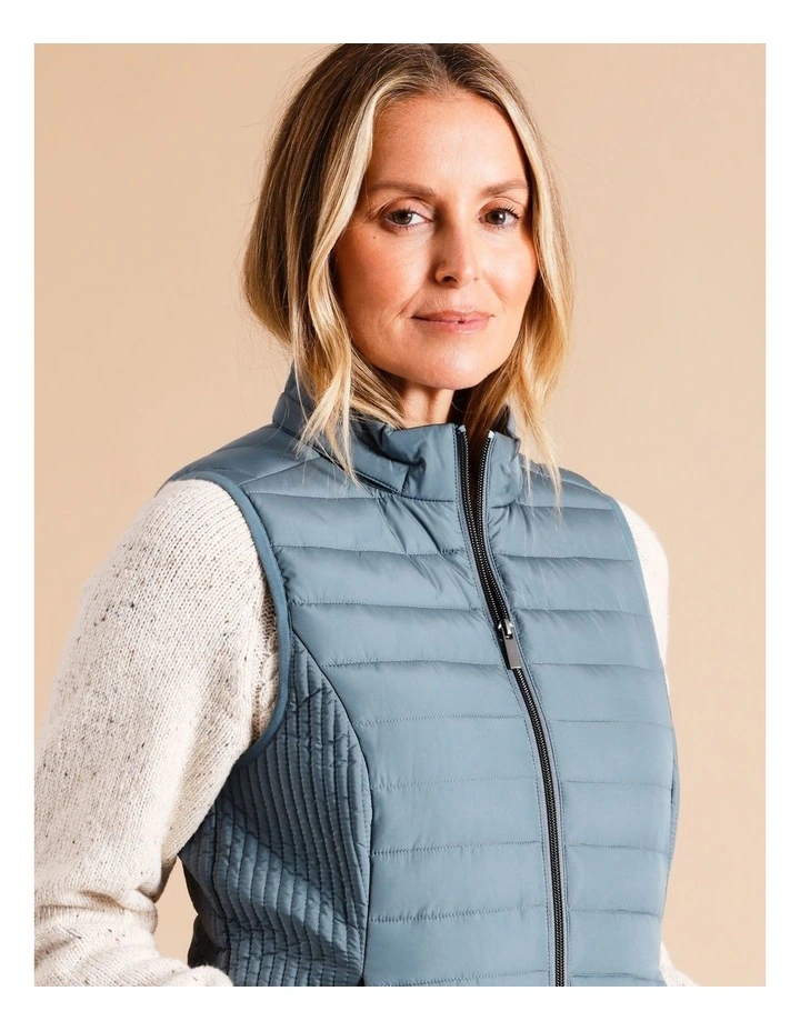 Recycled Polyester Straight Quilted Vest With Removable Hood In Dusty Blue