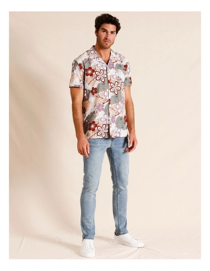Sakura Floral Print Short Sleeve Resort Shirt in Beige