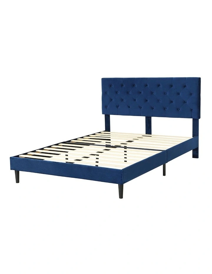 Velvet Headboard Mattress Base Bed Frame Queen Size in Blue