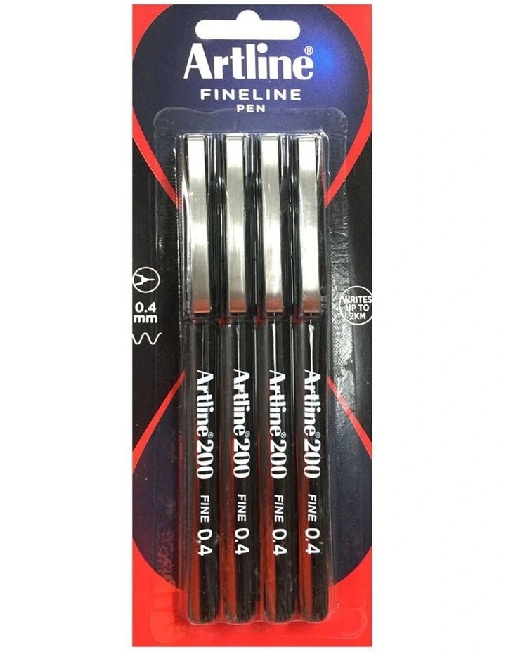 4 Pack 220 Fine 0.4mm Line Work/School Fineline Drawing Writing Pen Black