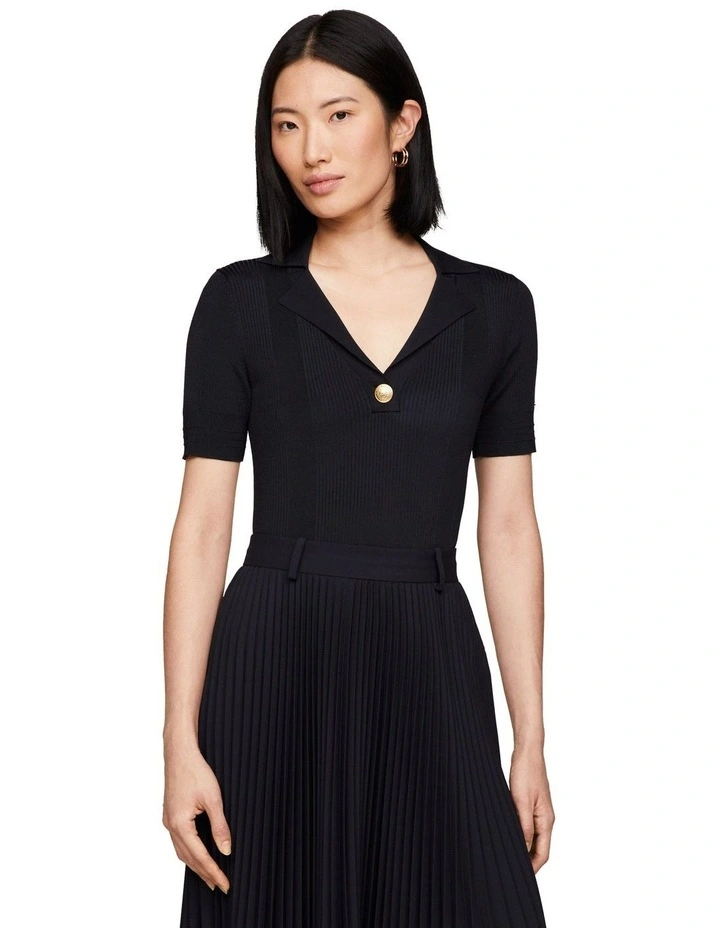 Ribbed Short Sleeve Slim Polo Jumper in Navy