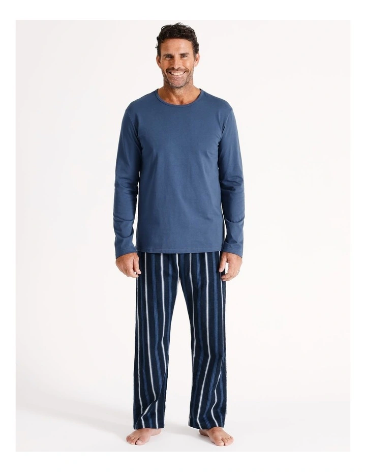 Essentials Long Sleeve Tee & Flannelette Pant PJ Set Stripe in Navy/Blue
