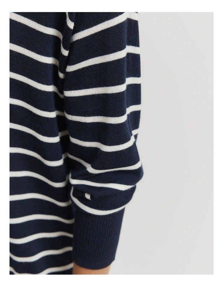 Merino Wool Stripe Crew Knit in Navy Stripe