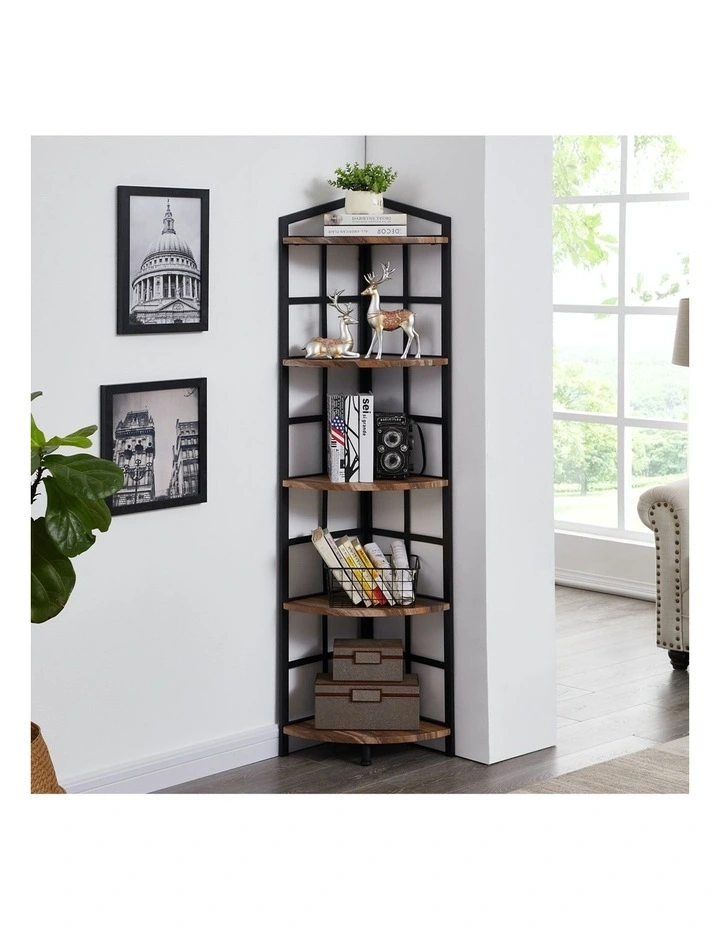 5 Tier Industrial Corner Bookshelf With Metal Frame Brown