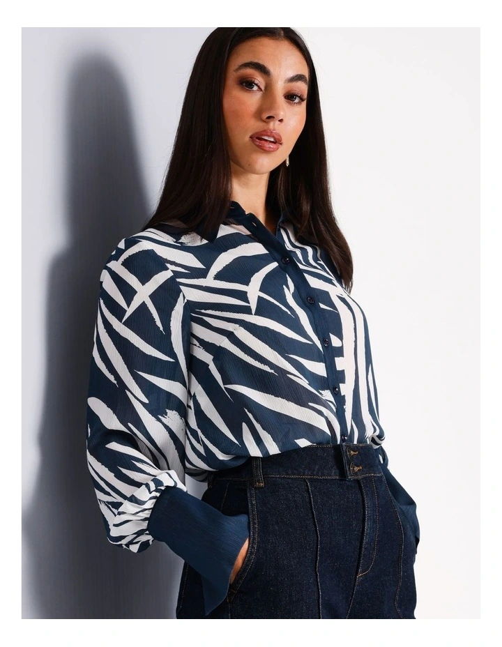 Recycled Polyester Blend Sheer Printed Shirt in Airforce