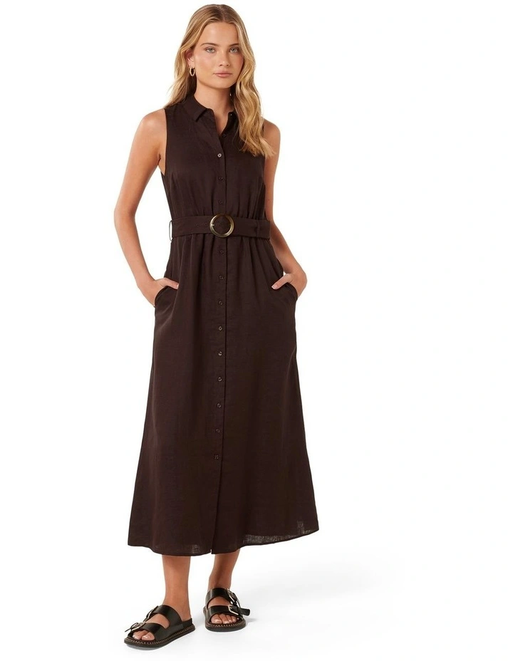 Gabbriette Button Down Midi Dress in Brown