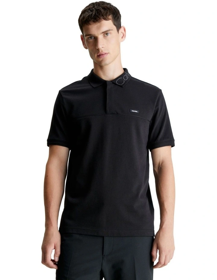 Logo Collar Stretch Pique Polo in Black