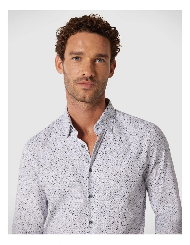 Long Sleeve Micro Floral Shirt in White/Navy