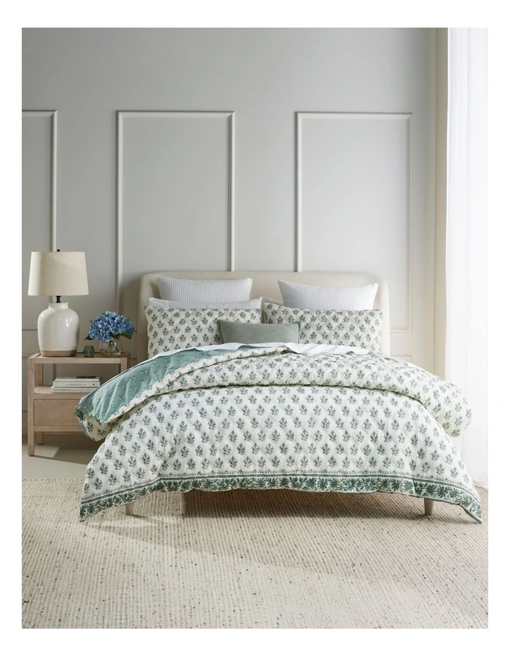 Delphine Quilted Cotton Quilt Cover Set in Sage
