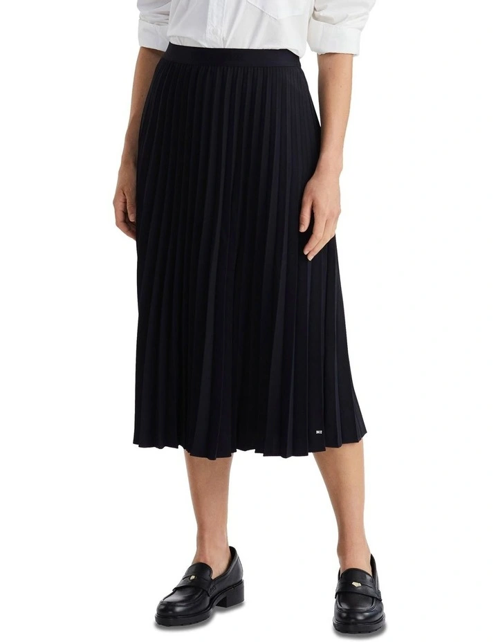 Logo Waistband Pleated Midi Skirt in Blue