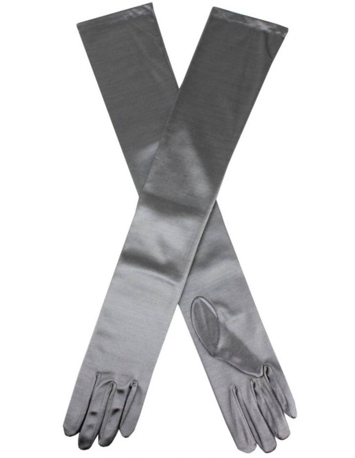 Long Opera Satin Gloves in Pewter