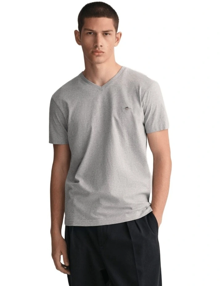 Slim Fit Shield V-Neck T-shirt in Grey Melange
