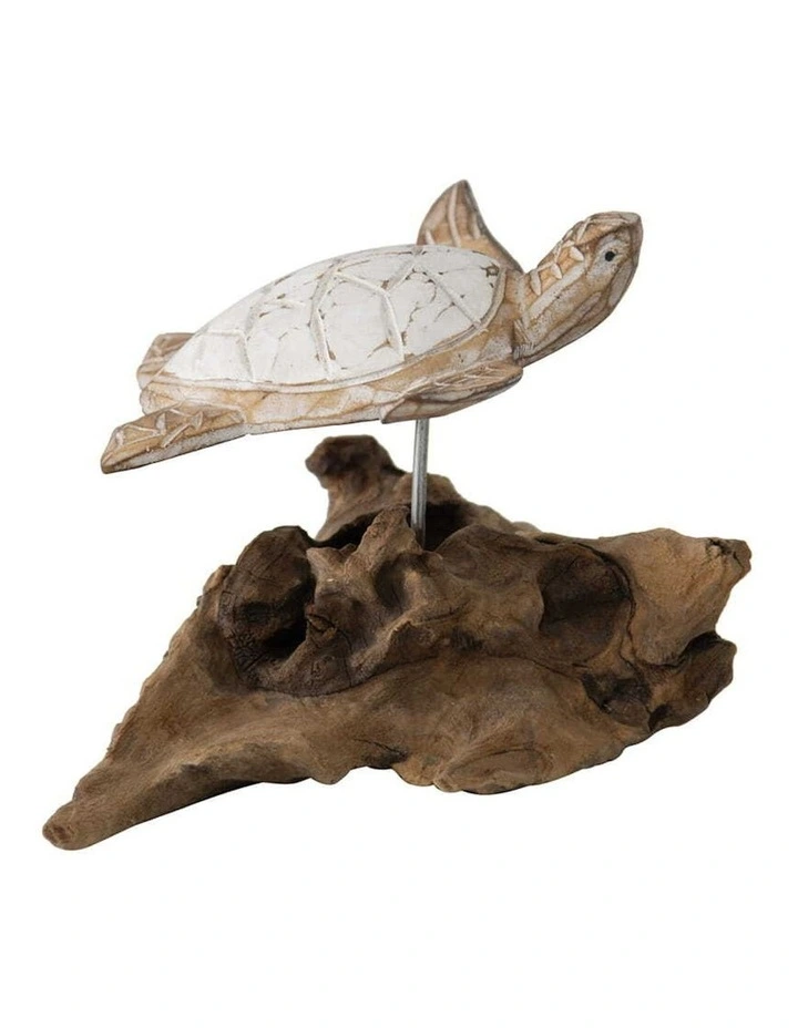 Handmade Turtle With Driftwood Base Figurine in Multi