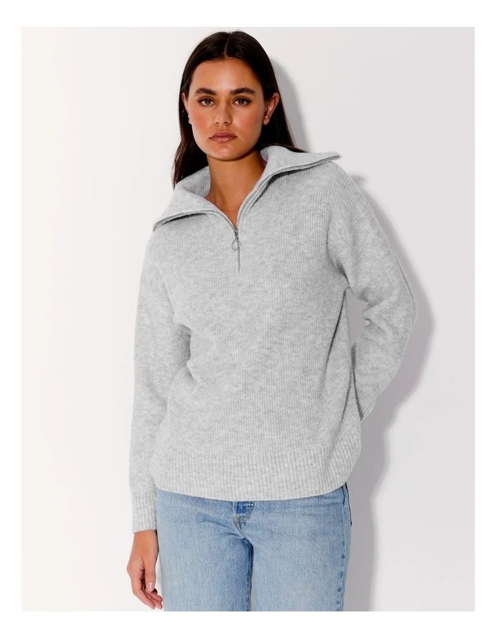Recycled Blend Zip Neck Knit Jumper in Grey Marle