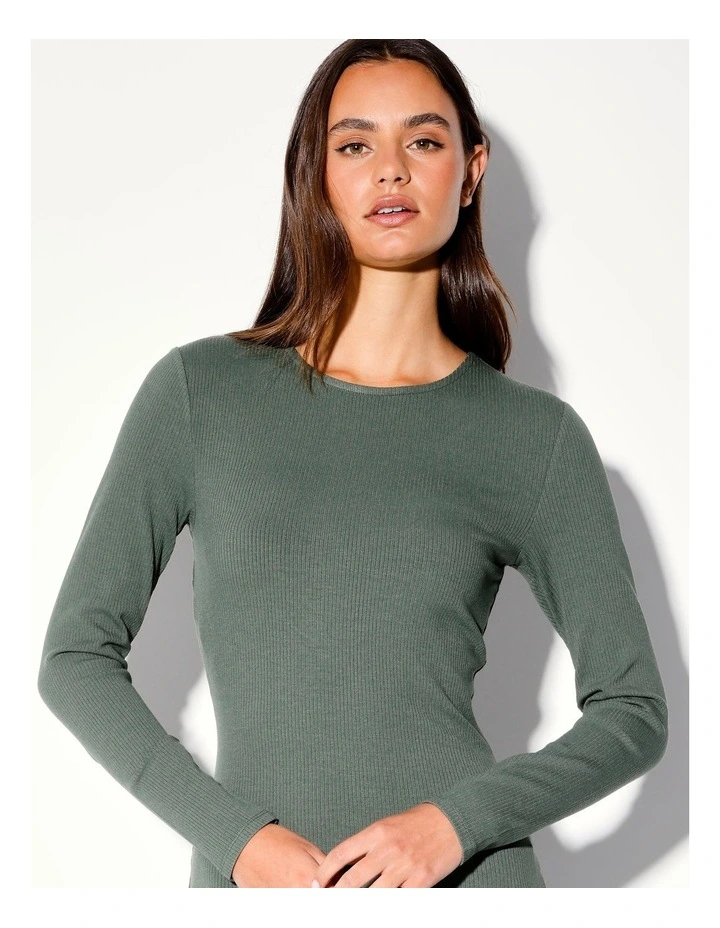 Eco Blend Long Sleeve Crew Neck Rib Midi Dress in Khaki