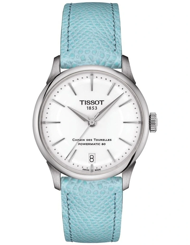 Chemin des Tourelles Powermatic 80 34mm T1392071601100 Watch in White/Light Blue