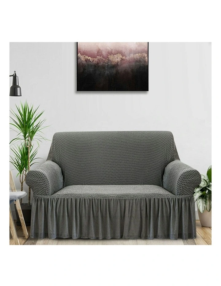 2-Seater Sofa Cover with Ruffled Skirt Couch Protector in Grey
