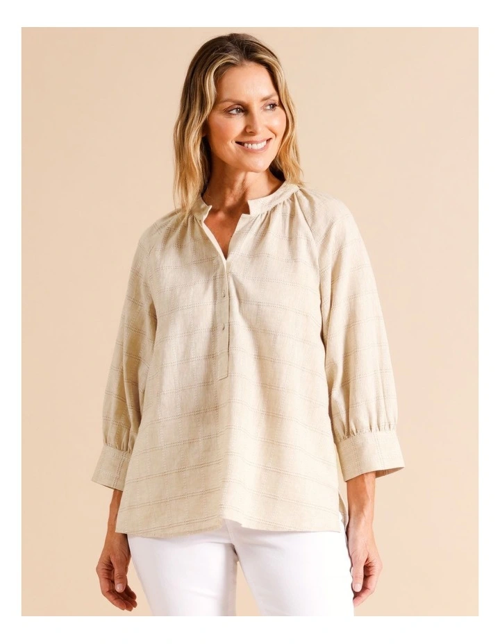 Organic Cotton Blend Stand Collar 3/4 Full Sleeve Top in Neutral Check
