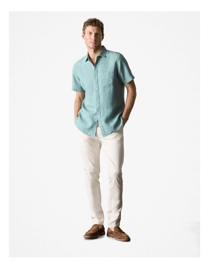 Regular Fit Delave Linen Short Sleeve Shirt in Jade