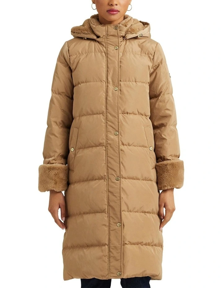 Faux-Fur-Trim Hooded Down Coat in Beige