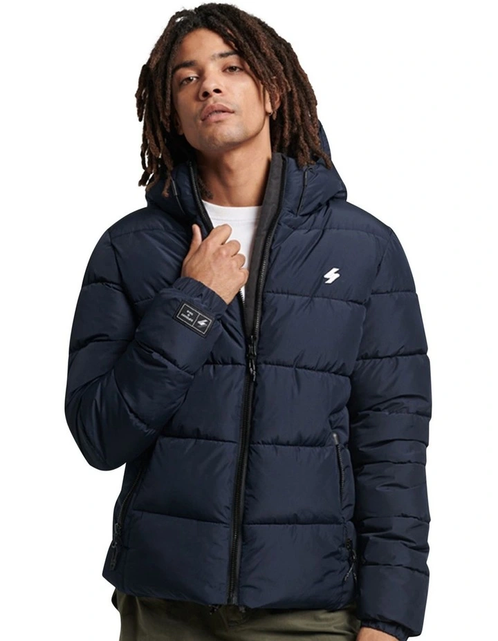 Hooded Sports Puffer Jacket in Eclipse Navy