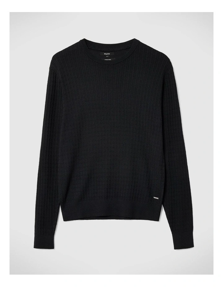 Merino Wool Long Sleeve Crew Knit Sweater in Black
