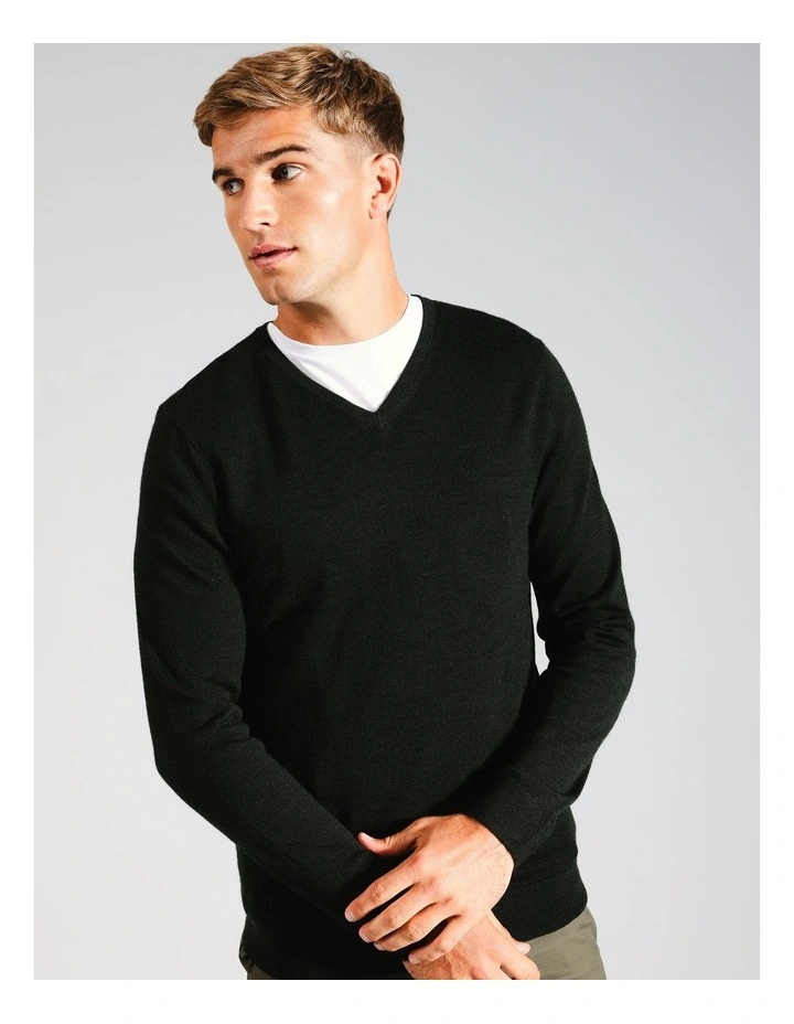 Australian Merino V-Neck Knit in Green