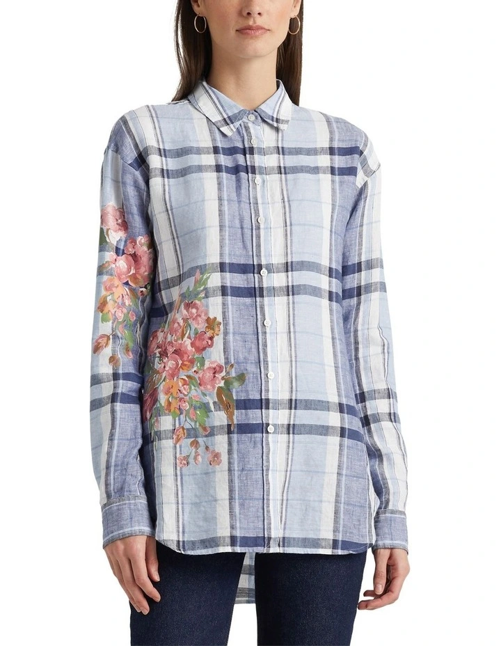 Floral & Plaid Linen Shirt in Blue