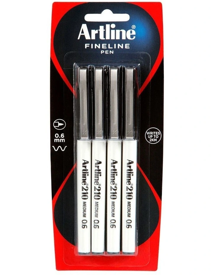 4pc Fineline 210 Medium 0.6mm Line School Drawing Writing Pen Black