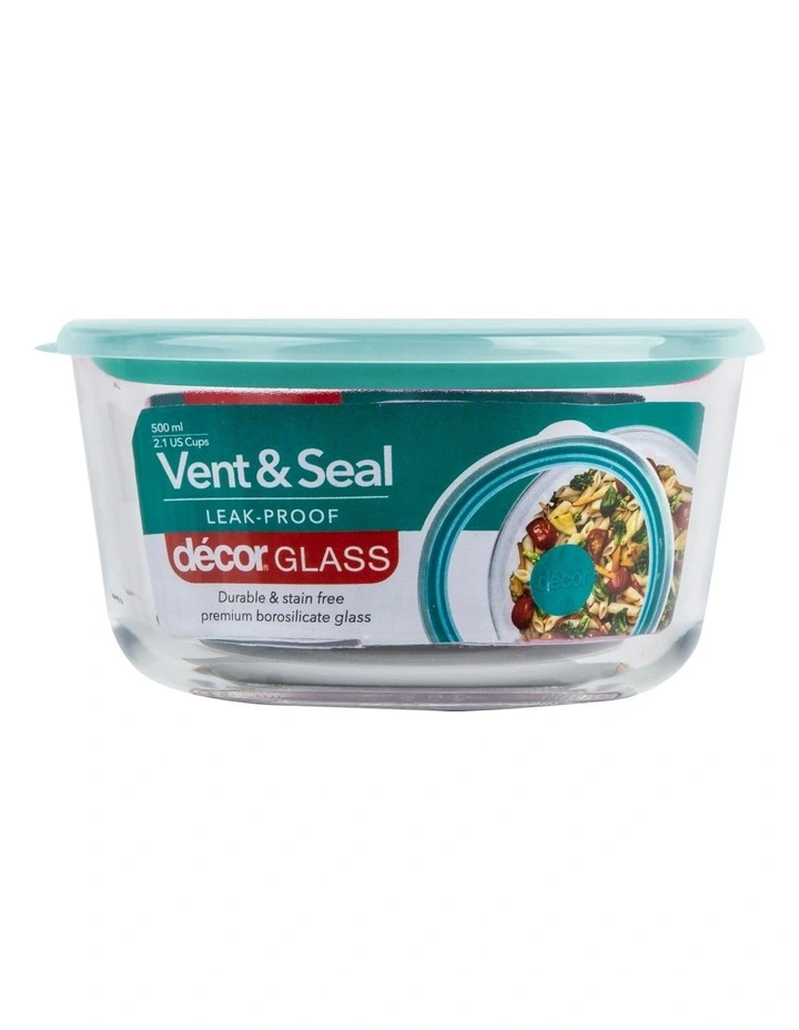 Vent And Seal Round Glass Food Storage 500ml in Clear/Teal