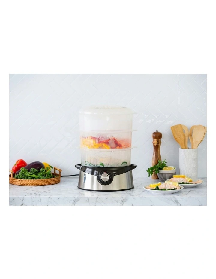 3 Tier Food Steamer With Stainless Steel Base in Silver