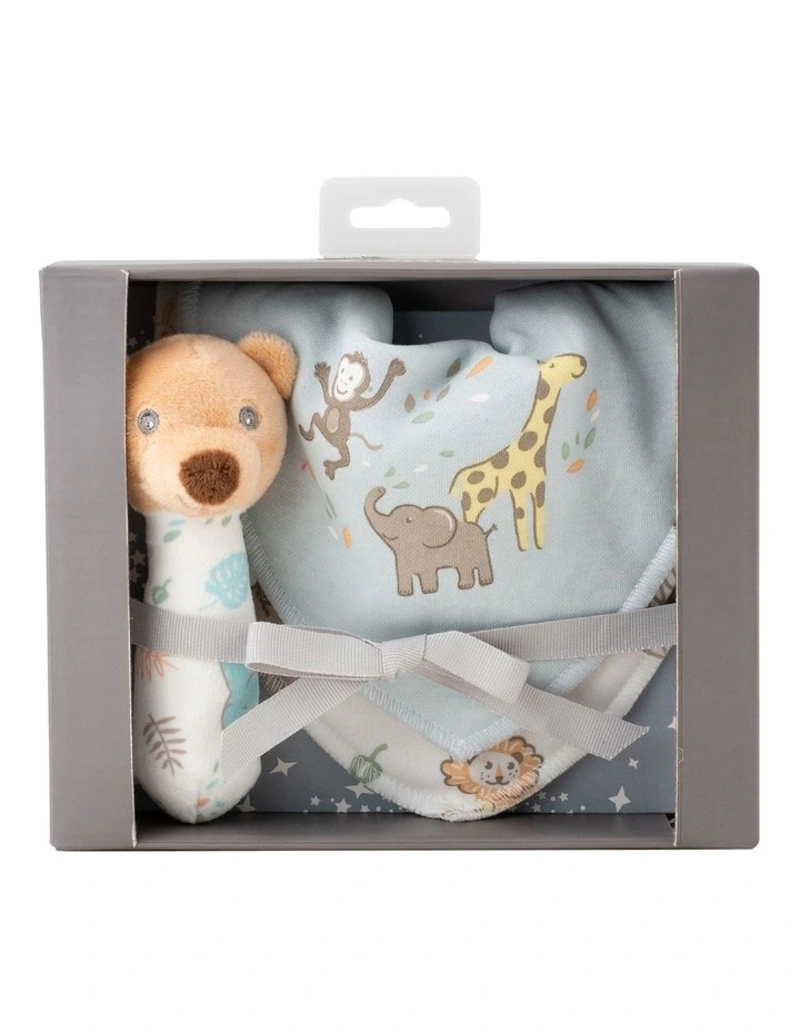 Rattle & Bib Set in Safari Bear
