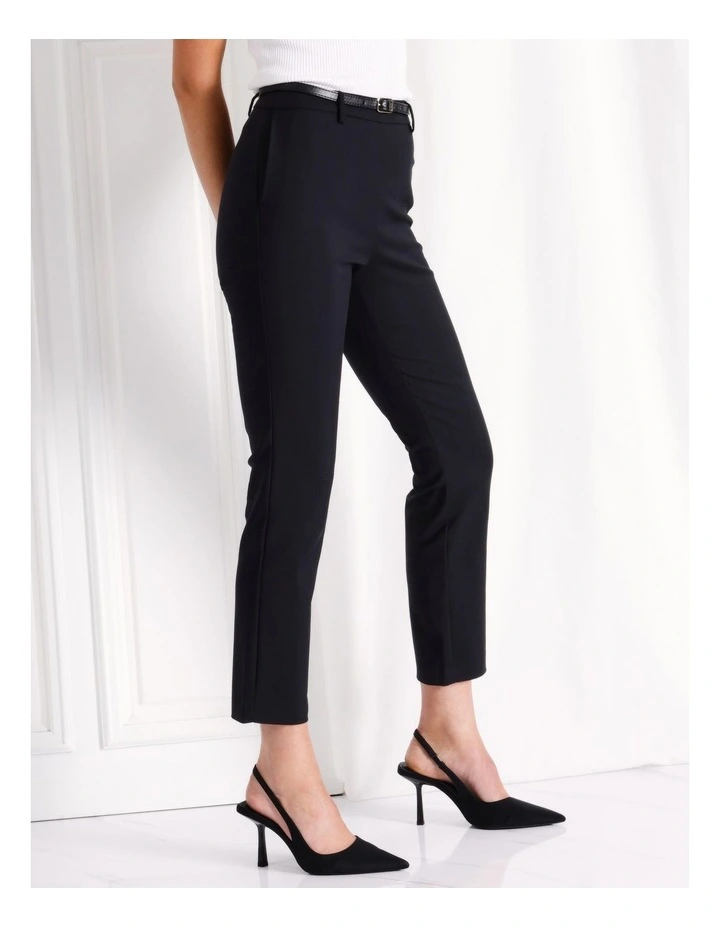 Mid Rise Organic Blend Cotton Sateen Pant With Belt in Black