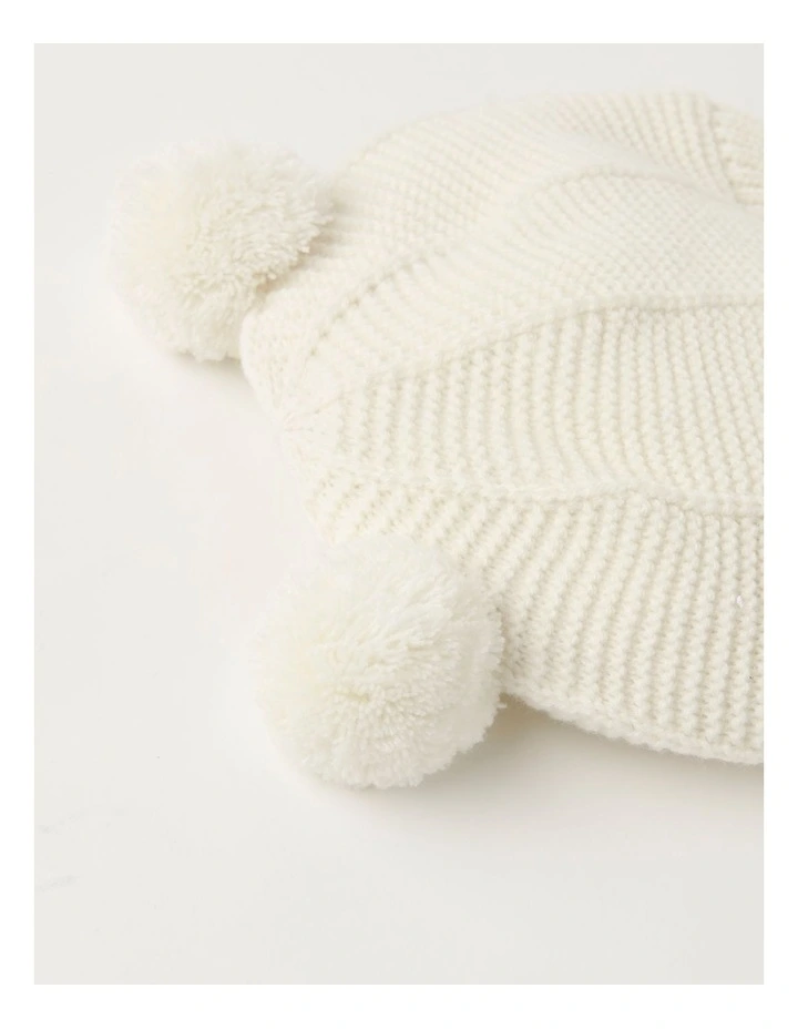 Garter Stitich Beanie with Pom Poms in Vanilla