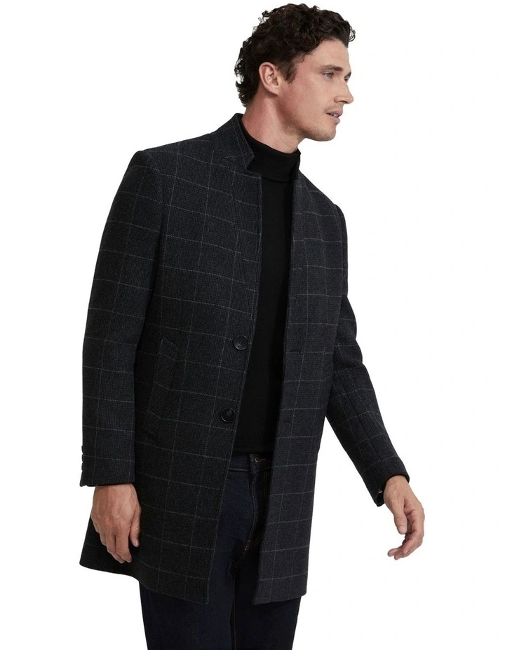 Austin Wool Rich Checked Overcoat in Charcoal
