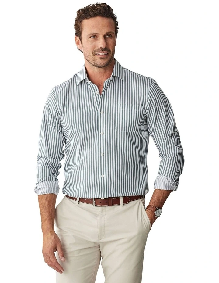 Tailored Non Iron Twill Stripe Long Sleeve Shirt in Forest