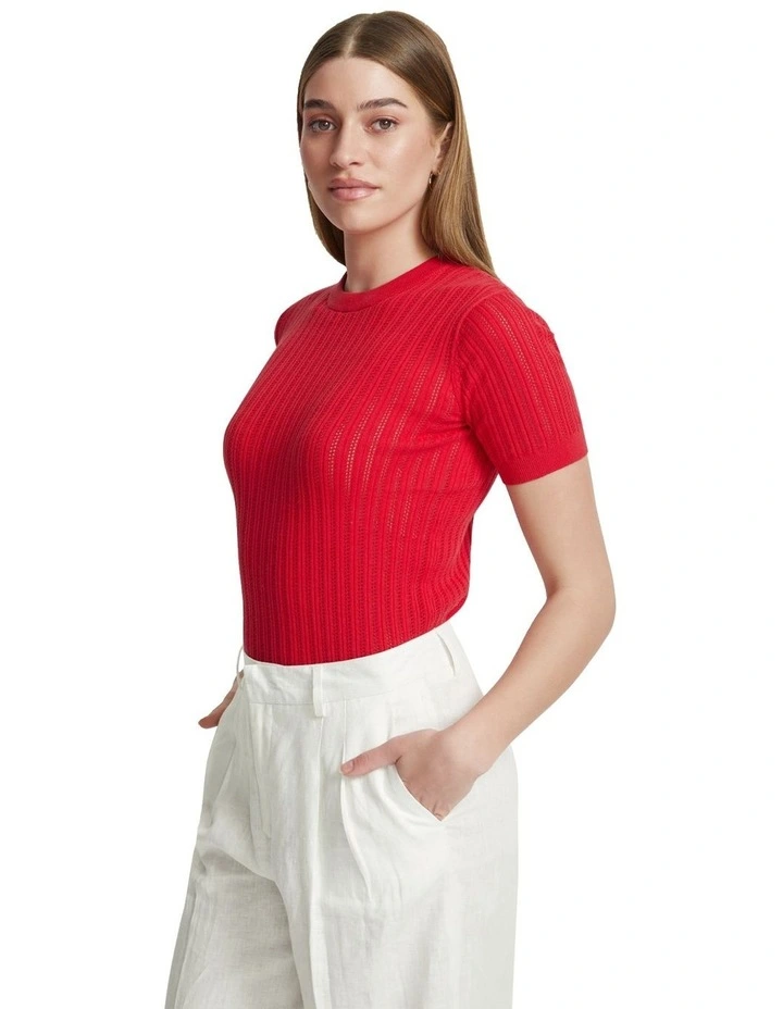 Rosie Pointelle Cotton Knit Top in Red