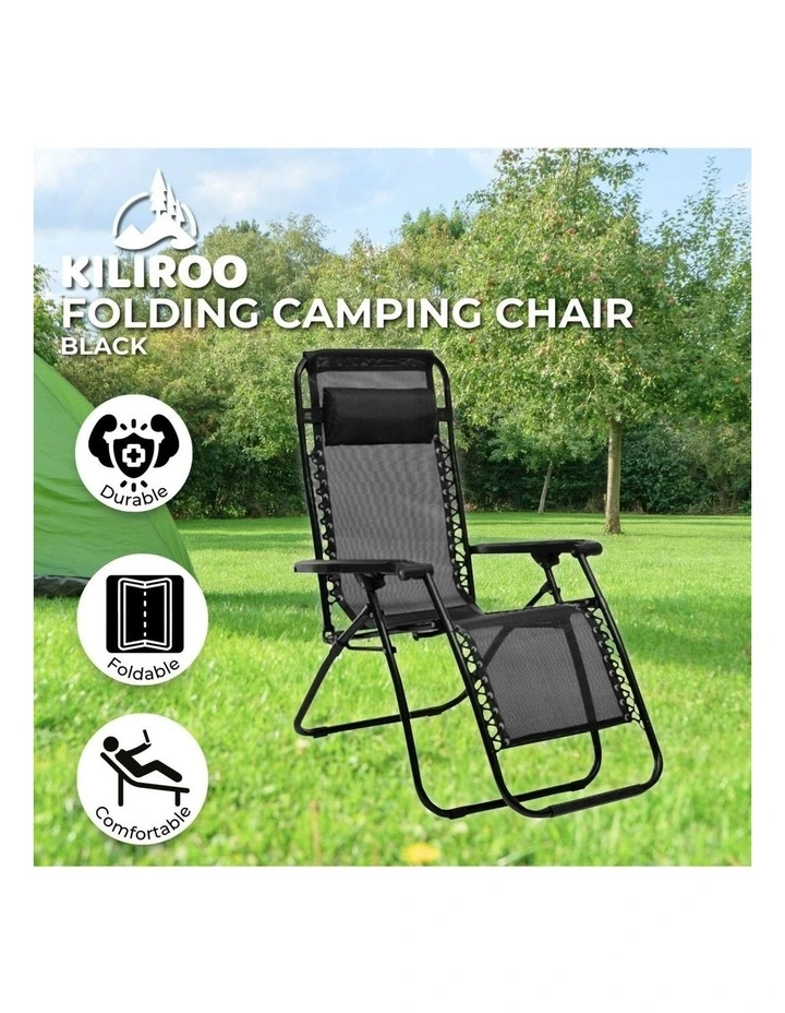 Outdoor Folding Reclining Camping Beach Chair in Black