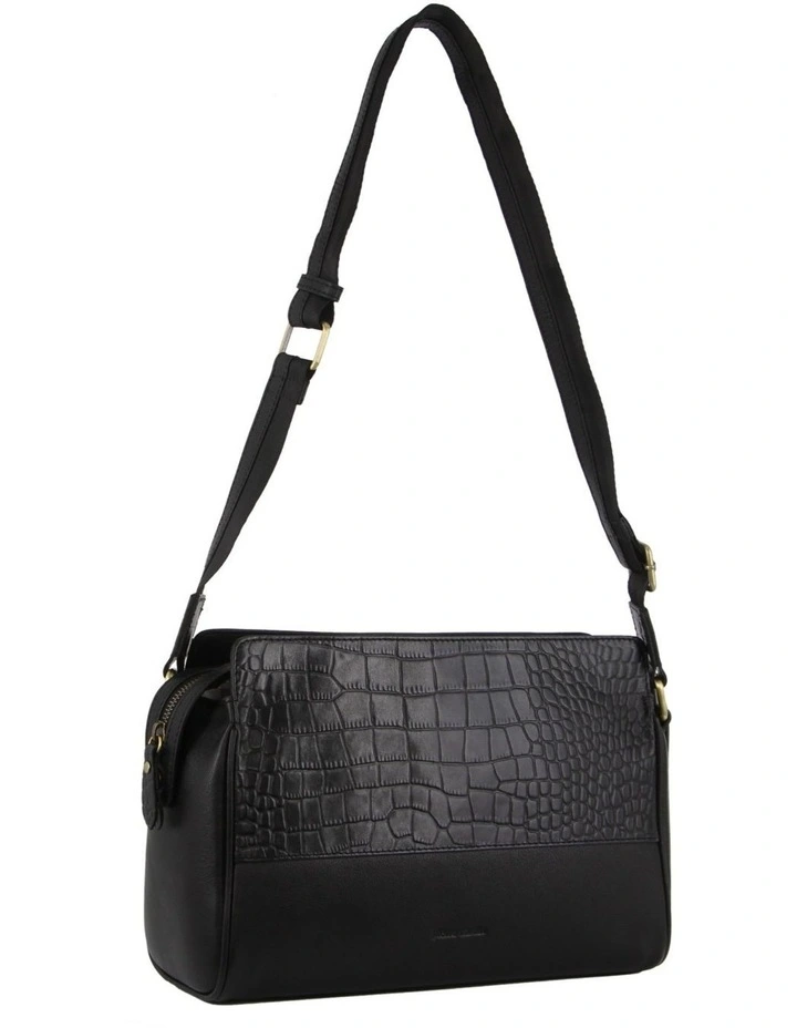 Croc-Embossed Leather Cross-Body Bag in Navy