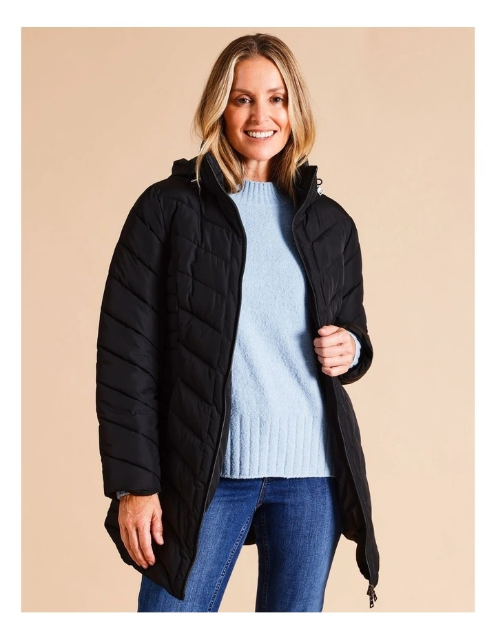 Recycled Polyester Longline Quilted Jacket With Fold Away Hood In Black