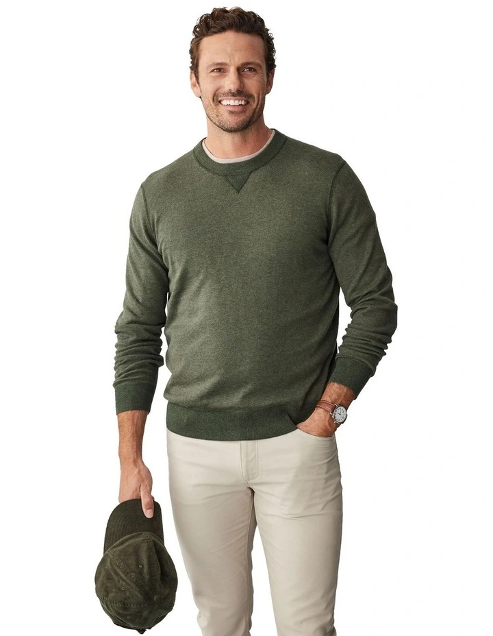 Two Tone Crew Neck Knit Sweater in Khaki