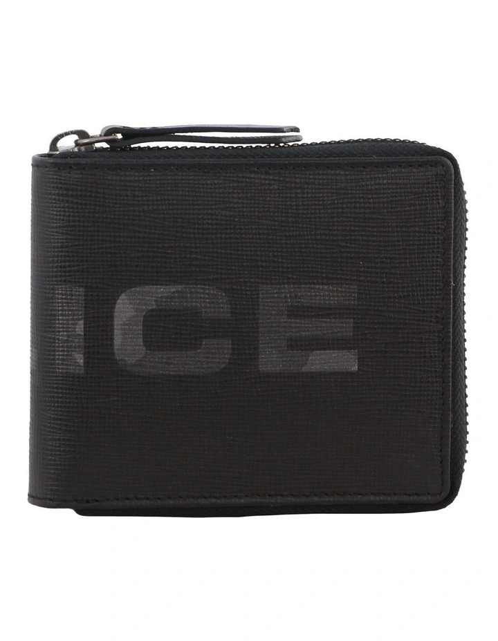 Leather Zip Round Wallet in Black
